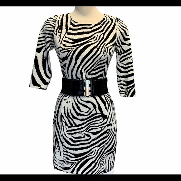 ZARA black White long Sleeve Zebra Print Bodycon cocktail mini Dress Sz M - Picture 8 of 13